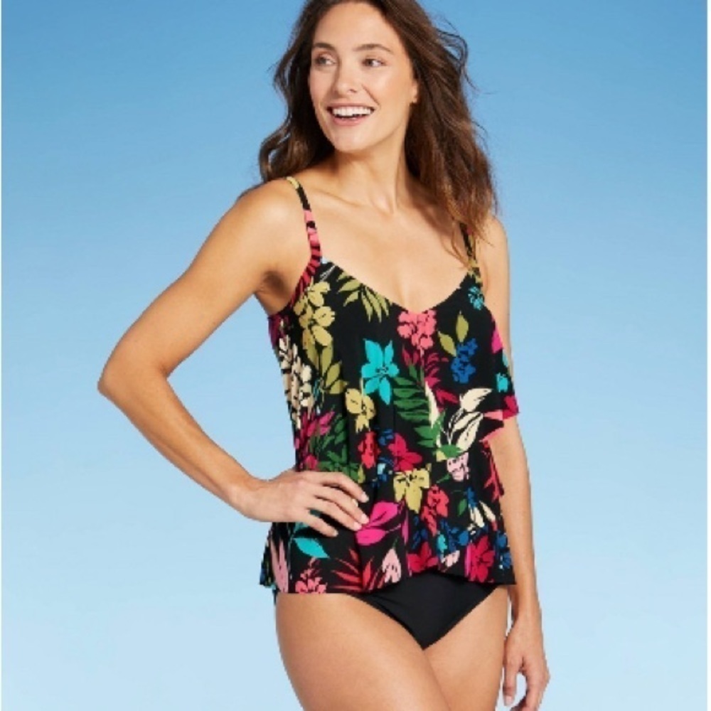 Aqua Green - Black Floral V-Neck Angled Tiered Tankini Bathing Suit Swim Top